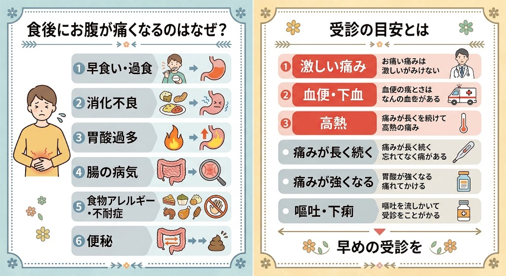 食後にお腹が痛くなるのはなぜ?受診の目安とは